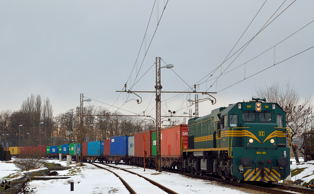 S 664-105 mit Containerzug verliest Bahnhof Pragersko Richtung Hodo. /29.1.3013