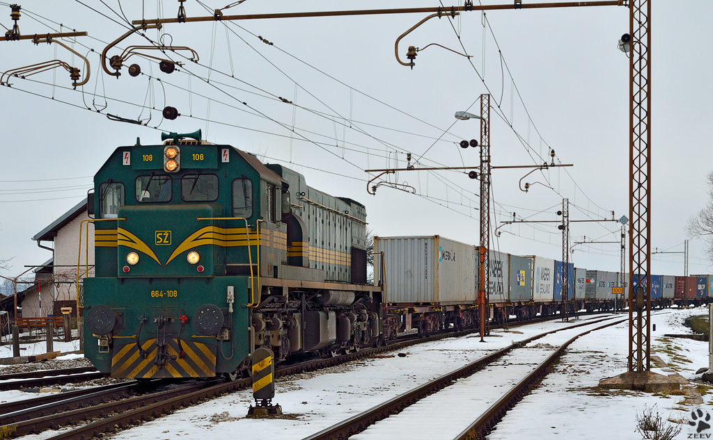 S 664-108 mit Containerzug aus Hodo fhrt in Bahnhof Pragersko ein. /29.1.2013
