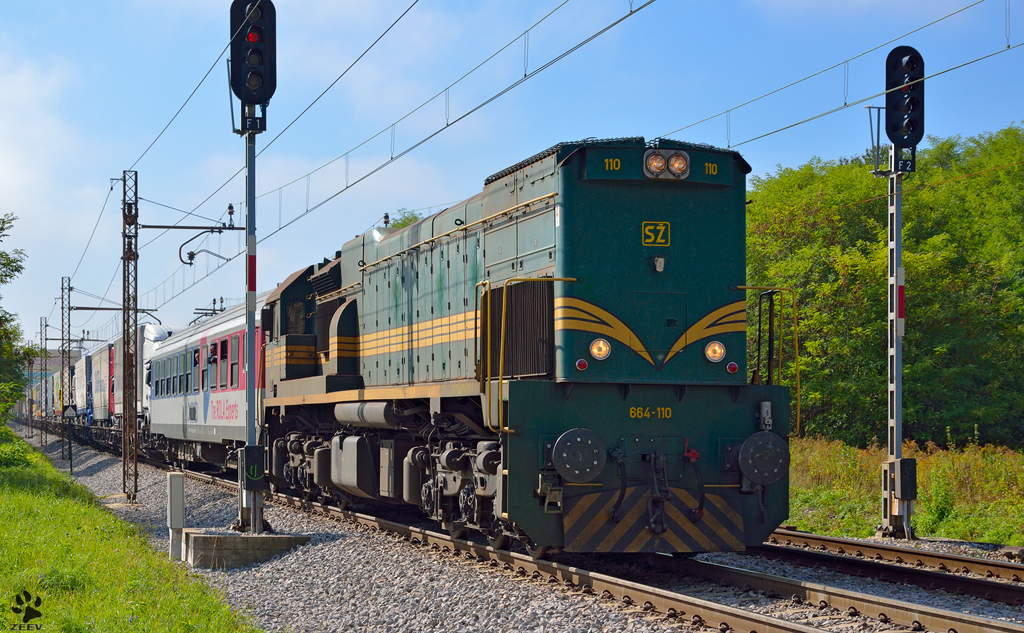 S 664-110 zieht LkW-Zug durch Maribor-Tabor Richtung Norden. (Seltene Kombination mit einer Diesellok). /3.10.2012