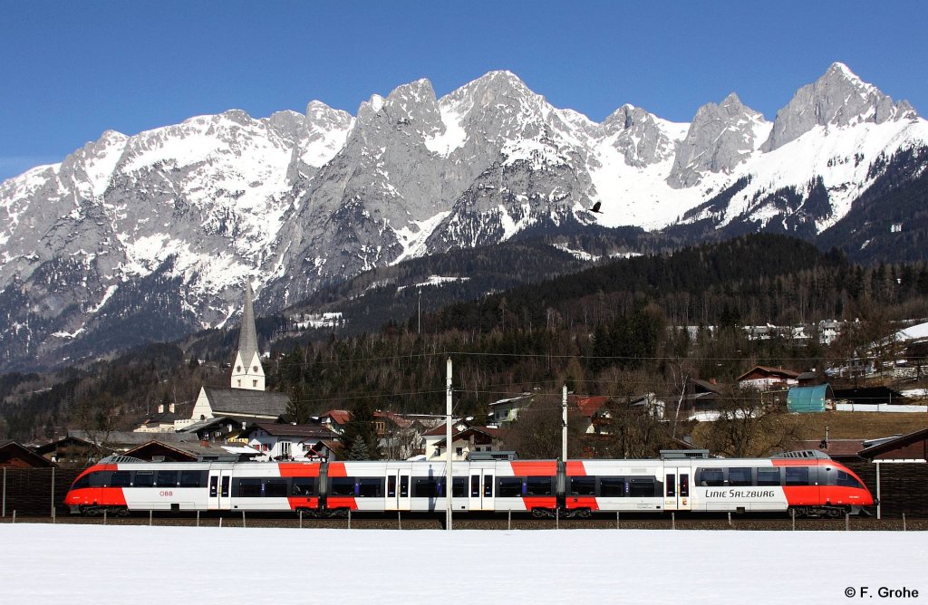 S-Bahn Salzburg BB 4023 006-2 als S3 Schwarzach-St. Veith - Freilassing, Salzburg-Tiroler-Bahn KBS 200 Freilassing - Salzburg - Saalfelden, fotografiert bei Pfarrwerfen am 07.03.2012