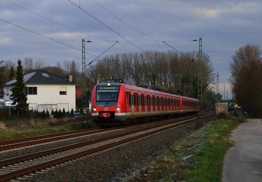 S8 bei Korschenbroich an der Insel, vorweg der 422 522-3. 13.1.2013