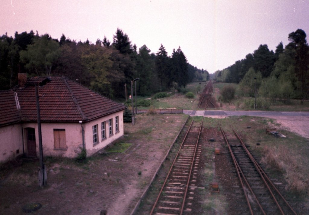 Saaten-Neuendorf 1997 Blickrichtung Nord, die endgltige Stilllegung steht kurz bevor, das berholungsgleis ist nicht mehr benutzbar (am B schon ber-asphaltiert), links das Empfangsgebude in dem sich auch ein russisches EZMG Stellwerk befand;
mit Kleinbildkamera (nicht der historischen Dimension bewut seiend) aufgenommen
