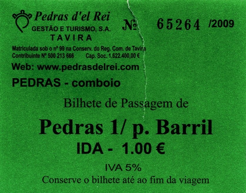 SANTA LUZIA de Tavira (Distrikt Faro), 17.02.2010, Fahrkarte für die Inselbahn von Praia do Barril auf der Ilha de Tavira nach Pedras d'el Rei bei Santa Luzia; auf der Fahrkarte steht es allerdings umgekehrt