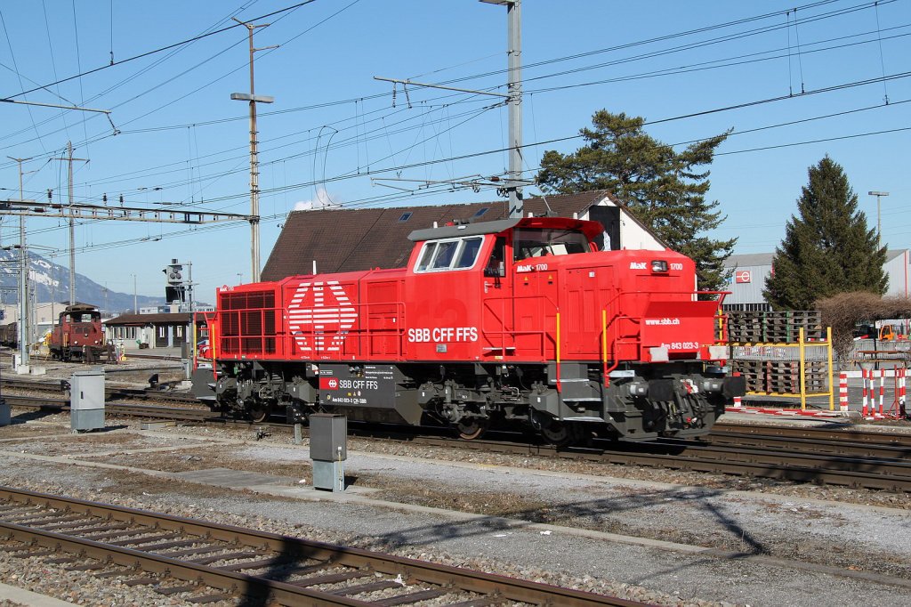 SBB Diesellok Am 843 023-3 beim rangieren im Gterbahnhof Buchs/SG. 29.02.12
