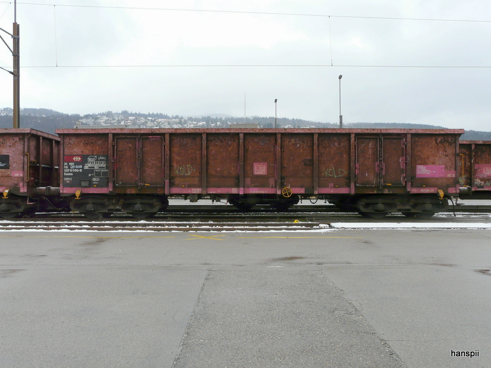 SBB - Gterwagen vom Typ  Eanos 31 85 537 6 056-8 im Gterbahnhof Biel am 03.02.2013