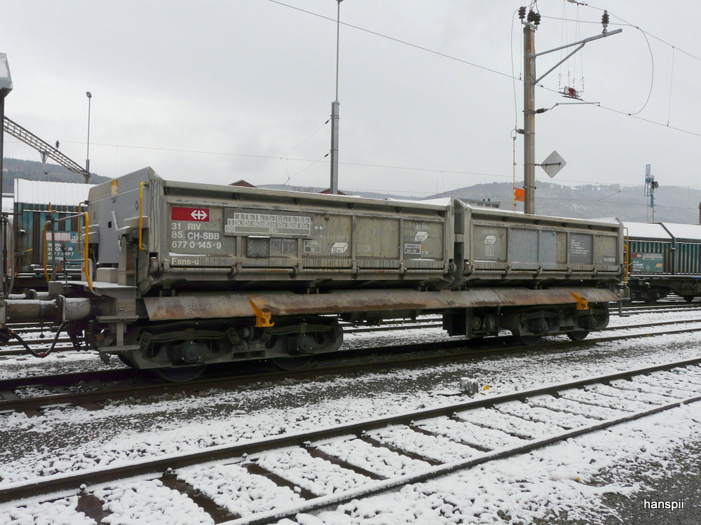 SBB - Gterwagen vom Typ  Fans-u  31 85 677 0 145-9 im Gterbahnhof Biel am 03.02.2013