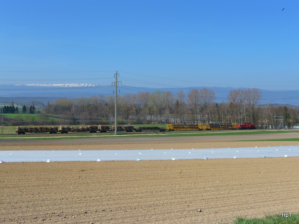 SBB - Nachschuss von der Disellok  Am  841 004-5 mit Gterwagen unterwegs bei Frschelz am 28.03.2012