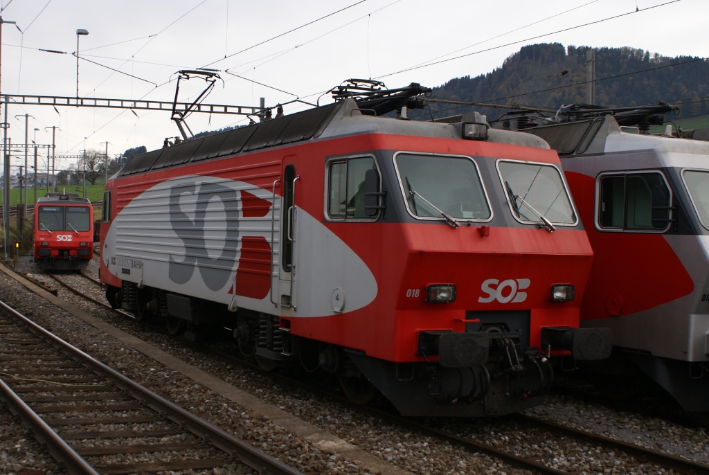 Schade werden die Re 446 der SOB nicht hufiger eingesetzt. So stehen sie hufig nur in Samstagern herum, wie am 22.10.10 die Re 446 018-4.

