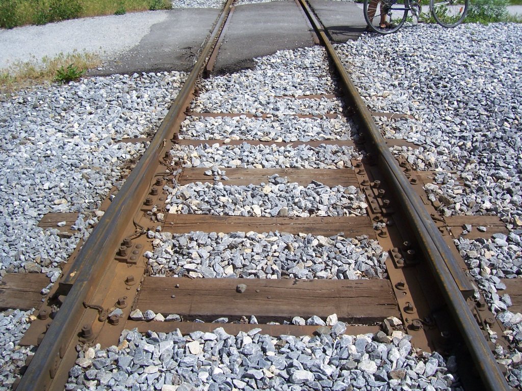 Schienenauszug an einem Werksgleisanschluss bei Steg im Wallis (24.05.2009).
Der Rhone-Radweg zwischen Visp und Leuk kreuzt den Werksgleisanschluss mit dieser  Schienenbesonderheit .