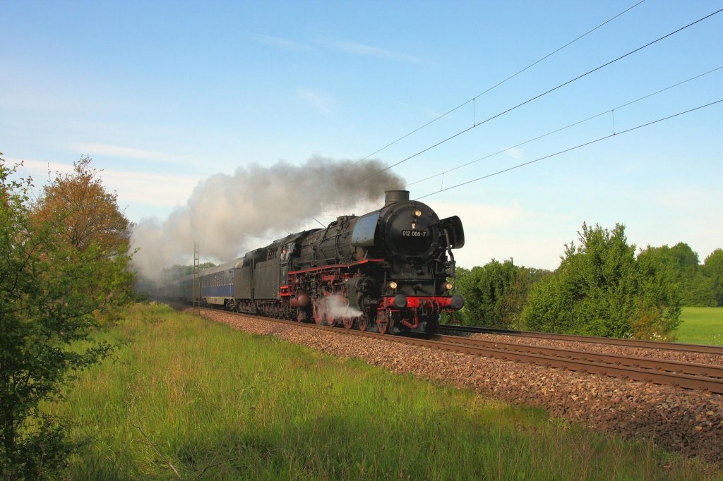 Schnellzug Dampf auf der Rollbahn bei Tecklenburg Leeden am 25.5.2013.
Die 012066-7 befrderte einen schweren Sonderzug mit 11 Wagen nach Hamburg, wo
die Fahrgste die Gelegenheit hatten, die Gartenschau in Augenschein zu nehmen.
