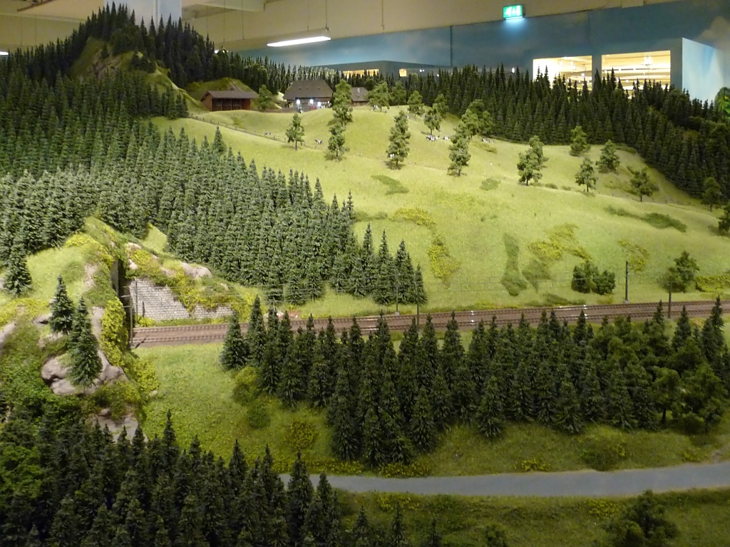 Schwarzwlder Berglandschaft auf der Schwarzwald-Modellbahn, 3.10.11 
Im Hintergrund zwei groe Gleiswendeln, die den Eingang zur Halle berbrcken.