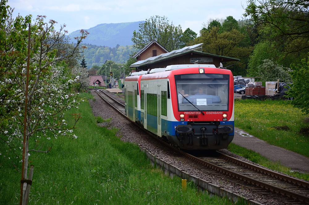 Seit einiger Zeit sind bei der SWEG-OSB zwei Regioshuttle der PEG im Einsatz. Hier sind die zwei (VT 650.08 und 650.05) im Harmersbachtal bei der Abfahrt in Unterharmersbach (KBS 722) zu sehen. Das Bild entstand am 10. Mai 2013.