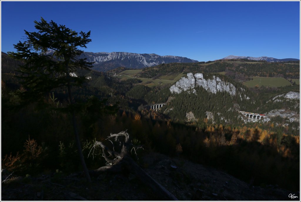 Semmering XXL - Ein Taurus rollt mit einem Hackschnitzelleerzug ber die Krausel Klause talwrts.
Breitenstein 17.11.2012