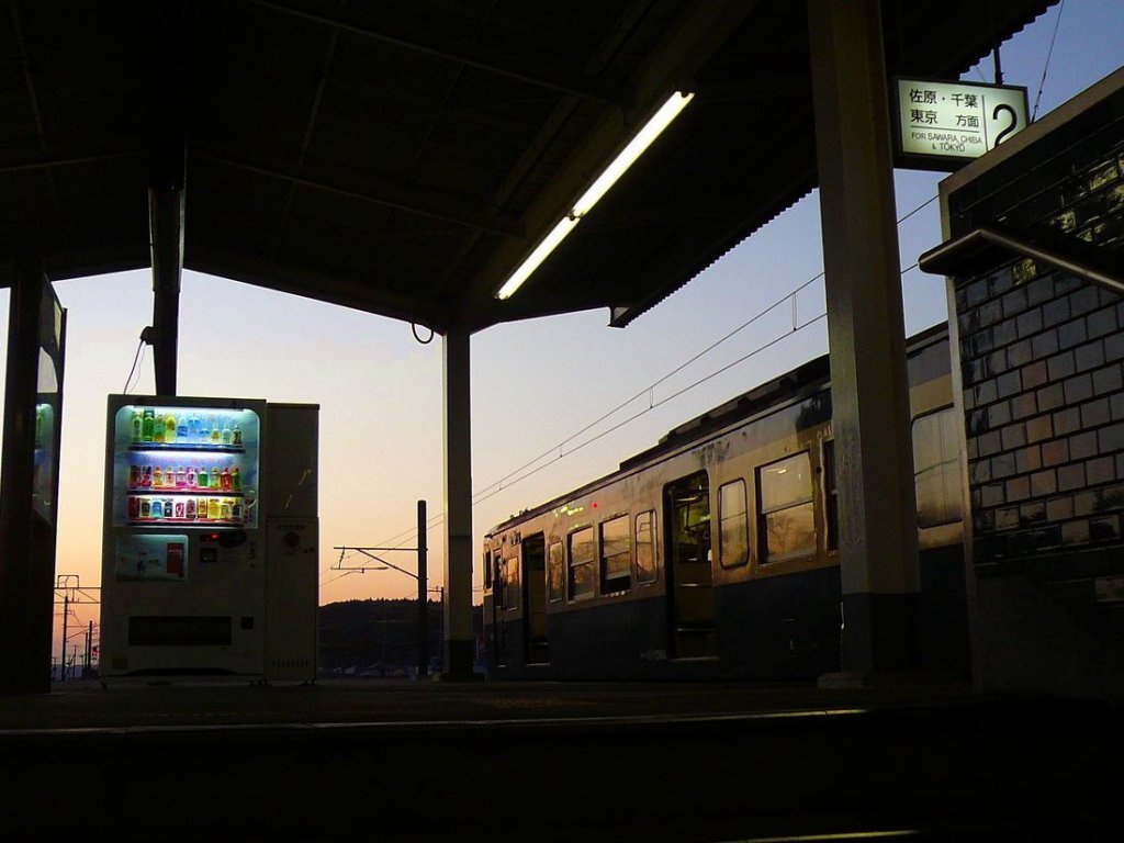 Serie 111 u.113 - mit dem Zug zum Kashima Schrein: Steuerwagen KUHA 111-1380 mit Getränkeautomat im Sonnenuntergang, Kashima Jingû, 26.November 2009. 