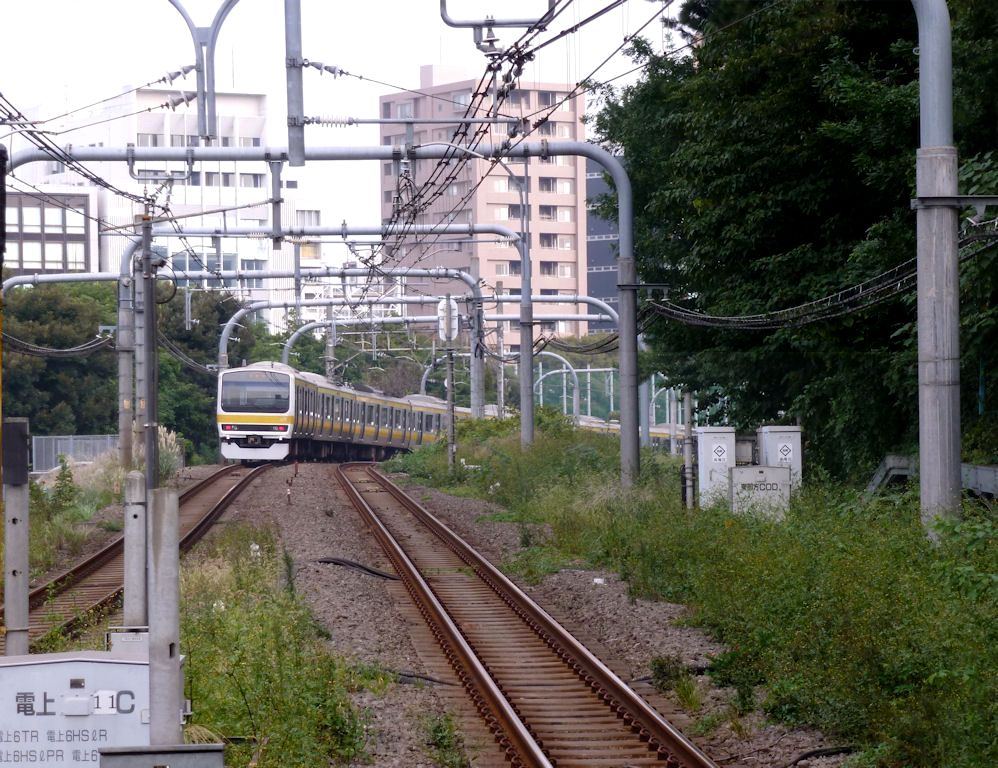 Serie 209-500: Ausfahrt eines Zuges aus Tokyo-Yotsuya. Schlusswagen KUHA 208-507. 14.Oktober 2011.  CHÛÔ-SÔBU-LINIE 