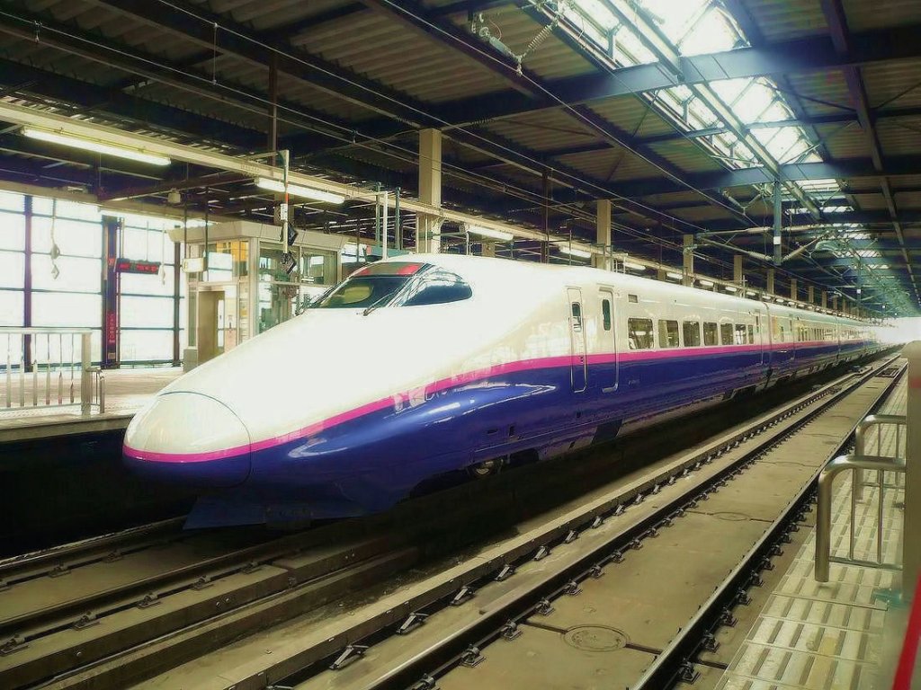 Serie E2: Shinkansen-Züge for den Tôhoku-Shinkansen nach Norden und den Nagano-Shinkansen ins Gebirge westlich von Tokyo (bis 2004 auch für den Jôetsu-Shinkansen nach Niigata am Japanischen Meer). Nur die beiden Endwagen sind nicht motorisiert. 1997-2001 gebaut (2005 ein Zug nachgeliefert für einen älteren, der bei einem schweren Erdbeben umkippte; 2010 nochmals zwei Züge nachgeliefert). Heute 35 10-Wagenzüge und 14 8-Wagenzüge. Ferner 60 Züge CRH 2 für China (3 ganz, 9 teilweise in Japan gebaut). Hier steht Zug mit Endwagen E224-1012 in Morioka, 10.Juli 2010.