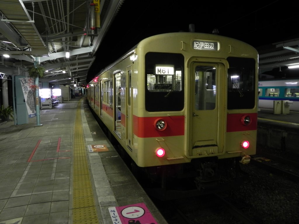 Series 105-500 Triebwagen als Local Train auf der Kisei Main Line im nchtlichen Bahnhof von JR Shirahama auf dem Weg von Shingu nach Wakayama.