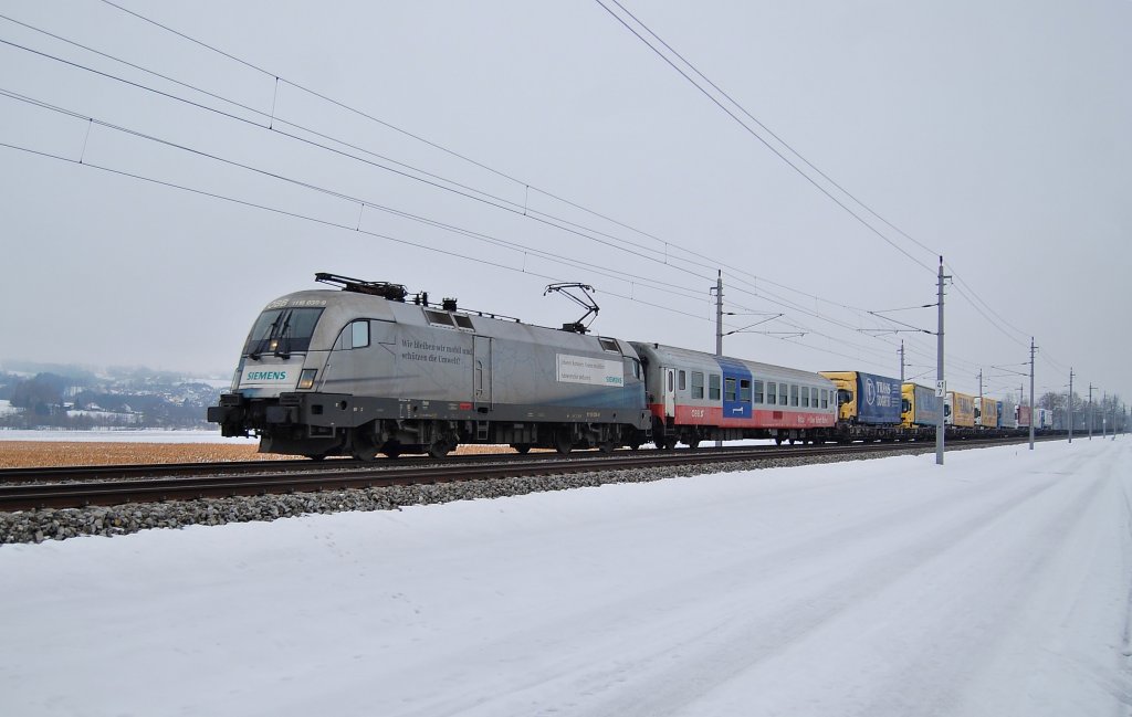 Siemens-Lok 1116 038 hat am 11.01.2011 mit dem 41411
den Streckenabschnitt Wartberg/Kr.- Nussbach erreicht.
