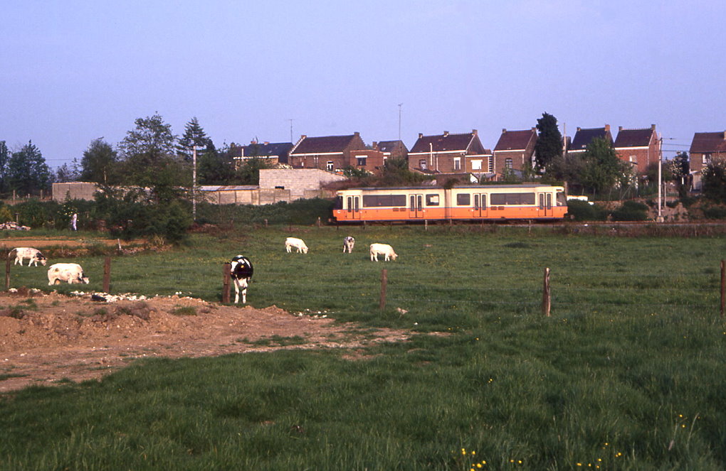 SNCV Tw 6125 in lndlicher Atmosphre zwischen La Louvire und Binche, 21.05.1991.