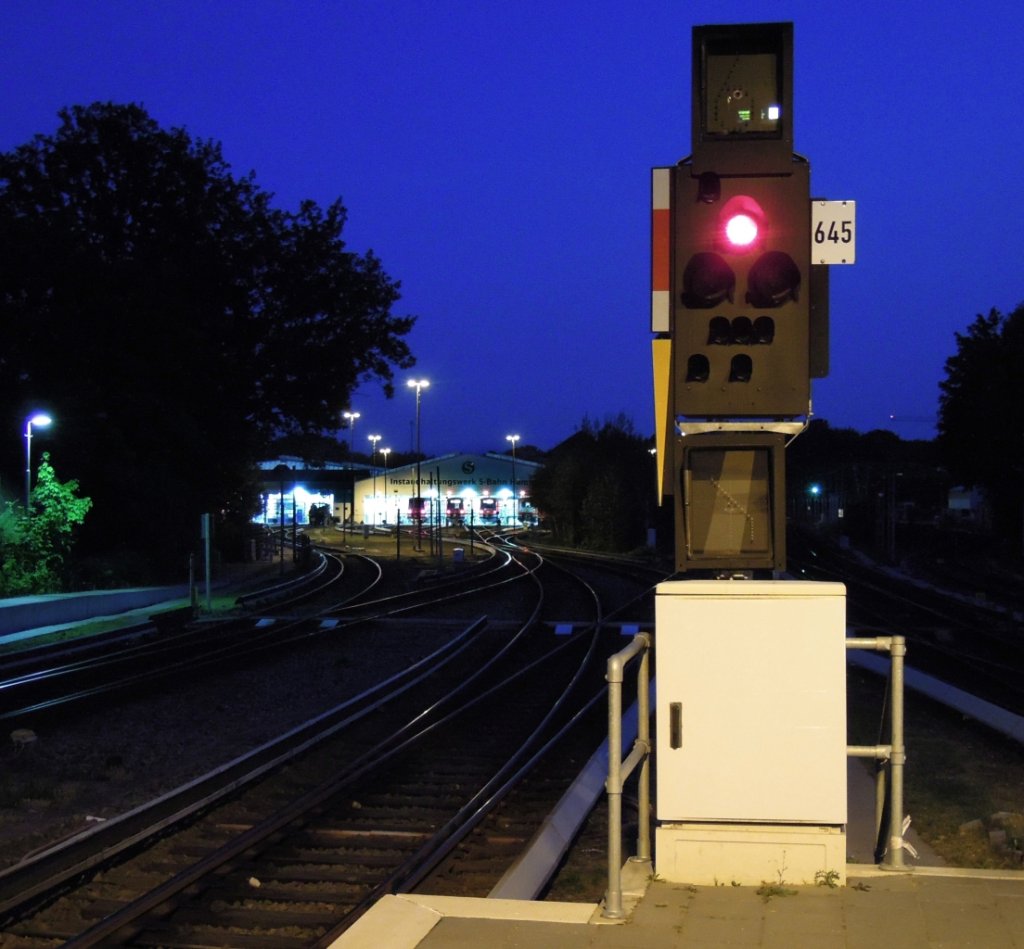 Sommerabend: Blick vom Bahnsteig auf das  Instandhaltungswerk S-Bahn Hamburg  in Ohlsdorf, 29.8.2012  