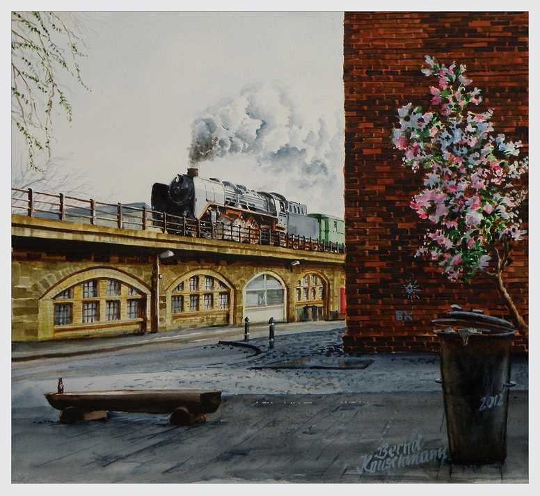 Sonderfahrt der 03 001 auf den Gleisen der Berliner Stadtbahn,
Aquarell, 2012.
Maler und Fotograf Bernd Kauschmann