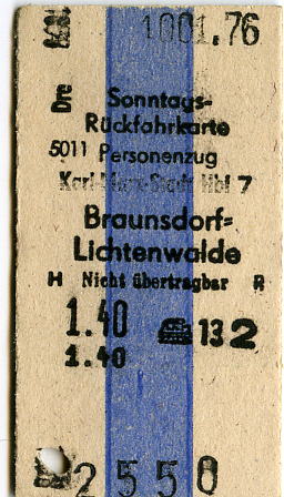 Sonntagsrckfahrkarte 
Deutsche Reichsbahn
Ausgabeort: Karl-Marx-Stadt
Datum: 10.01.1976