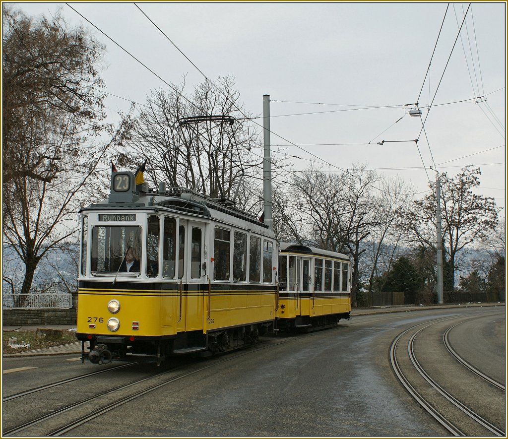 SSB/SHB Linie 23: Der Oldtimer-Tramwagen 276 auf Meterspur unterwegs nach Ruhbank am 14. Mrz 2010.
