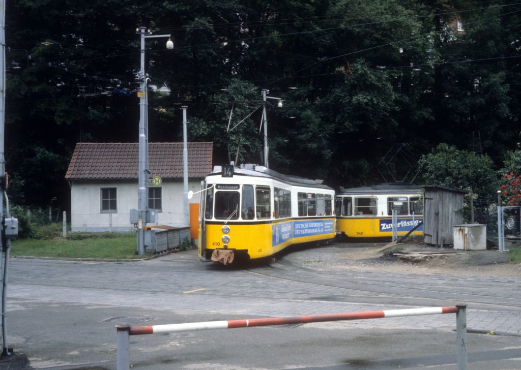 Stuttgart SSB SL 14 (GT4 410) Heslach am 1. Juli 1980.