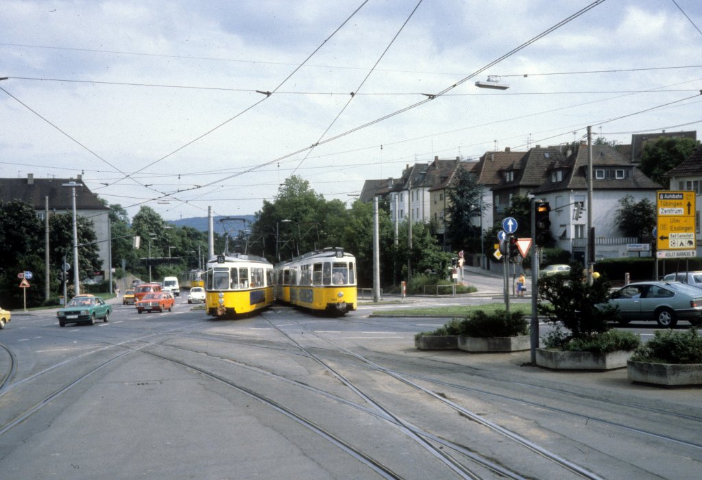 Stuttgart SSB SL 15 (GT4 492 / GT4 589) Heilbronner Strasse / Pragstrasse im Juli 1979.