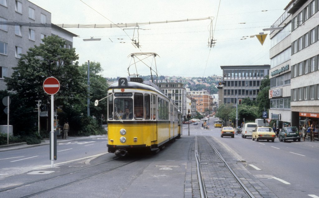 Stuttgart SSB SL 2 (DoT4 917) Fritz-Elsas-Strasse / Berliner Platz am 1. Juli 1980.