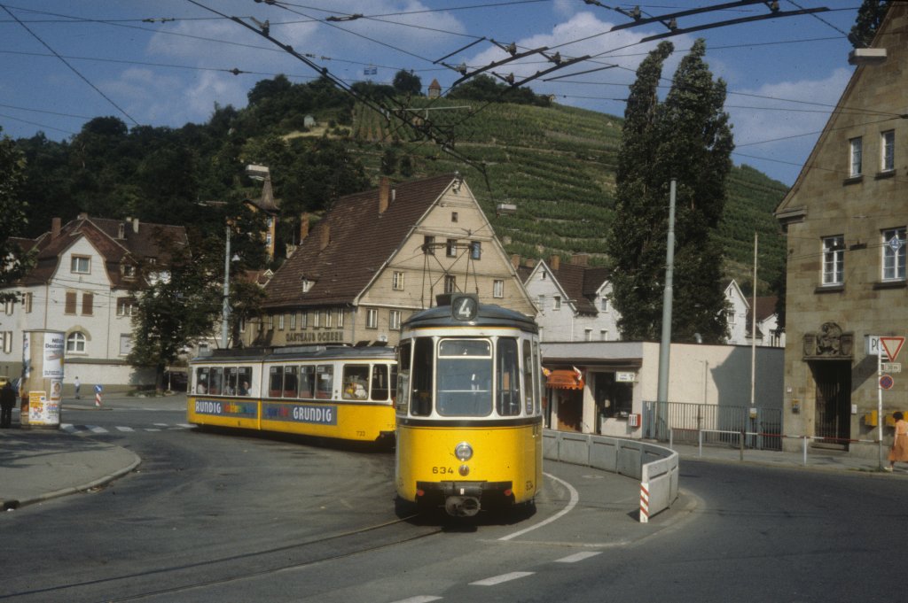 Stuttgart SSB SL 4 (GT4 634) Obertrkheim (Endstation) im Juli 1979.