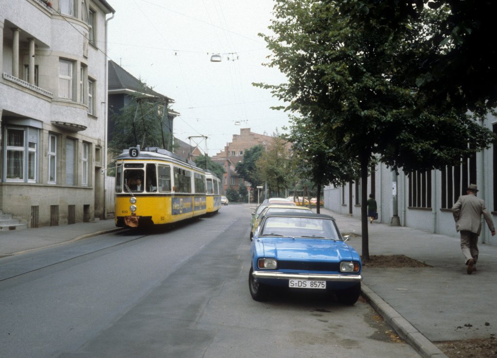 Stuttgart SSB SL 6 (GT4 510) Feuerbach, Kremser Strasse im Juli 1979.