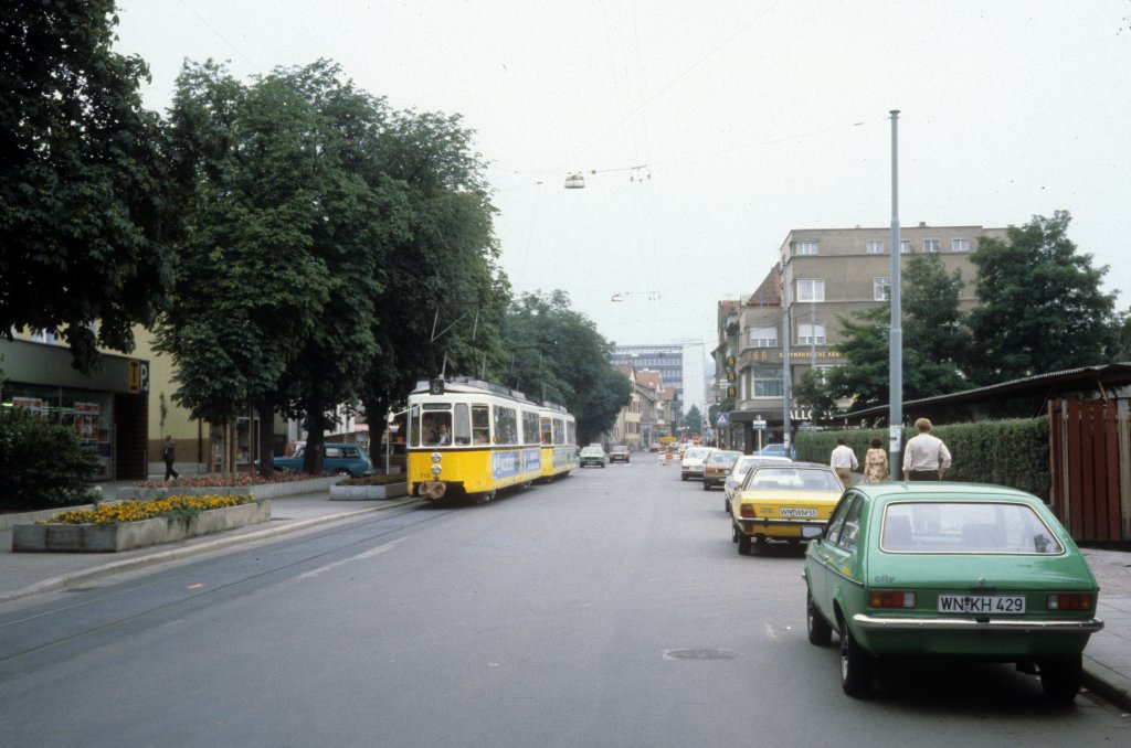 Stuttgart SSB SL 6 (GT4 712) Feuerbach, Stuttgarter Strasse im Juli 1979.