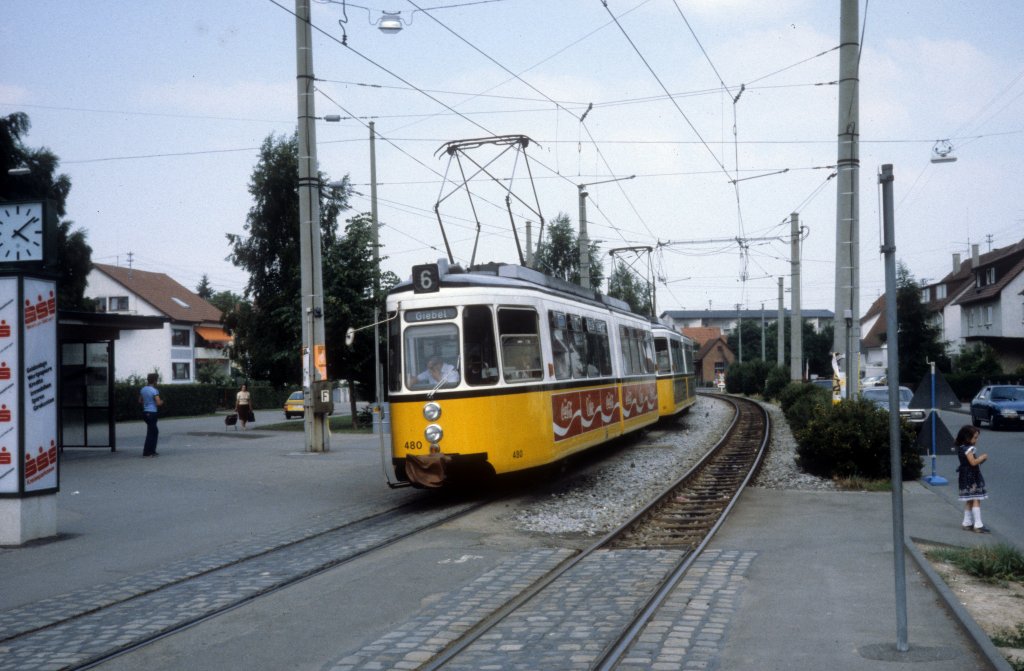 Stuttgart SSB SL 6 (GT4 480) Echterdingen, Kanalstrasse im Juli 1979.