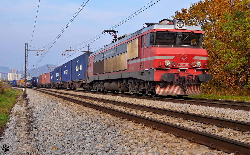 SZ 363-011 zieht Containerzug durch die Maribor-Tabor; Fahrtrichtung Hafen Koper. / 08.11.2011