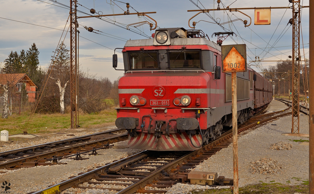 SZ 363-015 mit lehren Erzwagons fhrt durch Pragersko Richtung Hafen Koper. / 09.12.2011