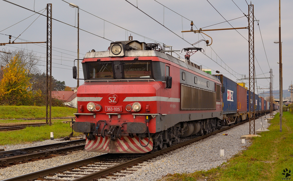 SZ 363-025 zieht Containerzug durch Maribor-Tezno; Fahrtrichtung Hafen Koper / 11.11.2011