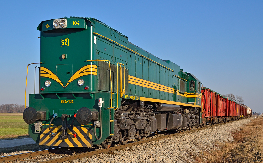 SZ 664-104 zieht Gterzug durch Gaj bei Pragersko. / 18.01.2012 