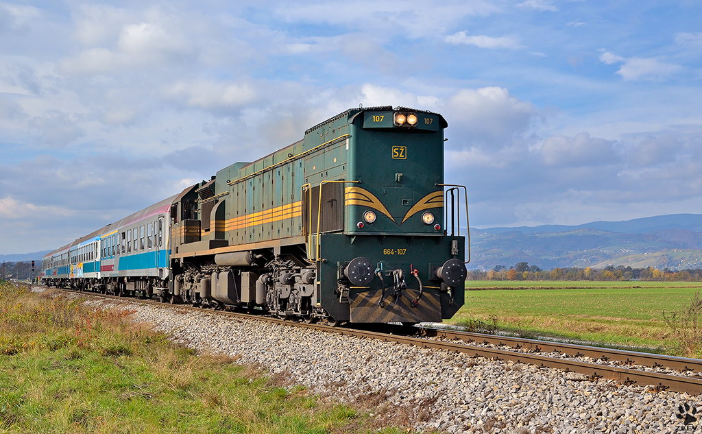 SZ 664-107 zieht Personenzug durch Gaj bei Pragersko; Fahrtrichtung Budapest. /04.11.2011
