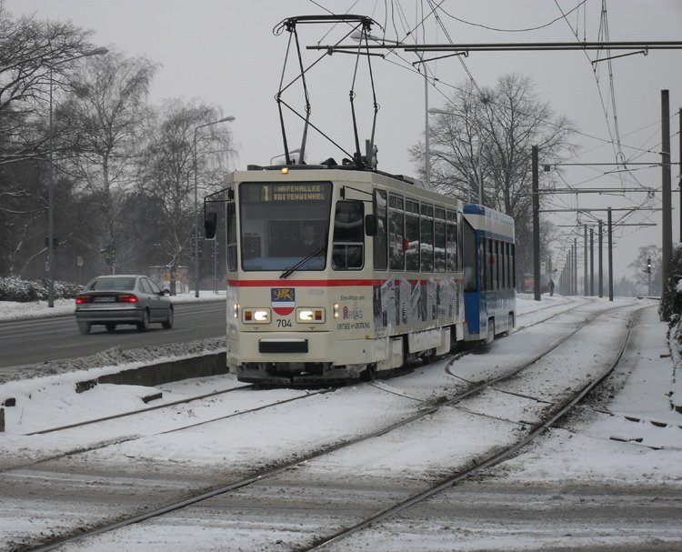 Tatra-Straenbahn vom Typ T6A2 mit Bildern von Zeitungsausschnitten ber den Mauerfall fhrt als Linie 1 von Rgener Str.,Rostock Richtung 
Hafenallee, Rostock Aufgenommen am 20.02.10 in Hhe Haltestelle Kunsthalle, Rostock 
