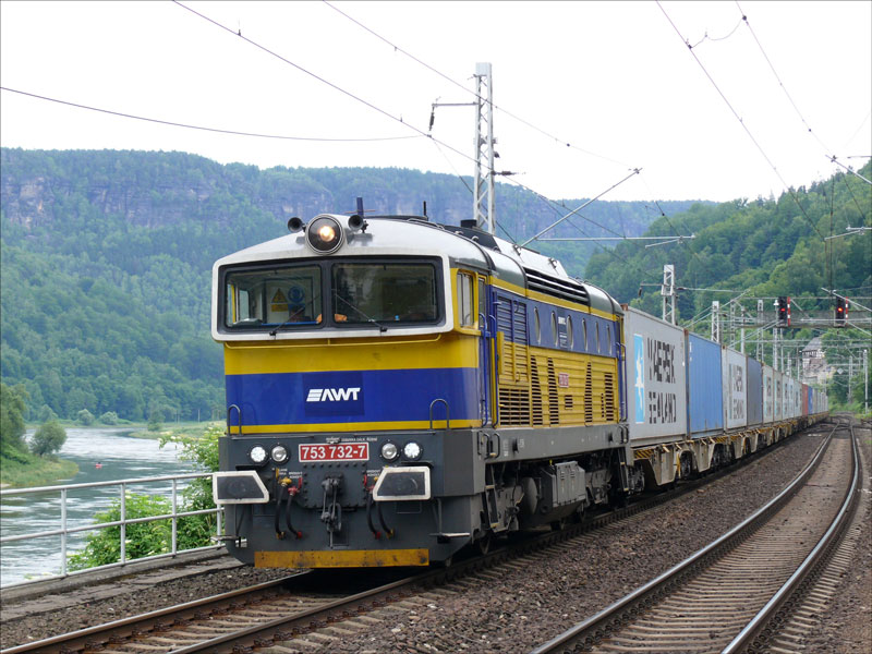  Taucherbrille  753 732 bringt einen Containerzug von Tschechien nach Deutschland; hier bei Dolni Zleb (Niedergrund) an der Strecke Decin (Tetschen-Bodenbach) - Bad Schandau, 23.06.2010
