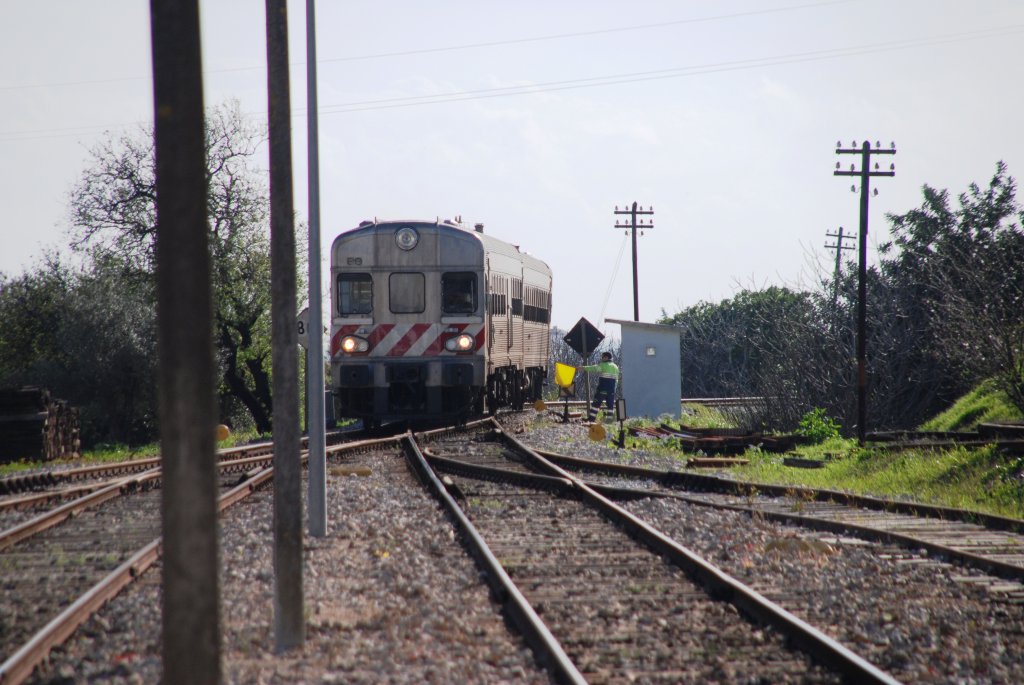 TAVIRA (Distrikt Faro/Concelho Tavira), 17.02.2010, Regionalzug von Faro nach Vila Real de Santo António wird  eingewinkt 