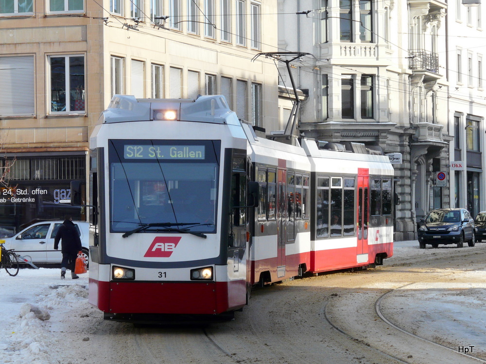 TB / AB - Triebwagen Be 4/8 31 unterwegs in den Strassen von St.Gallen am 27.12.2010
