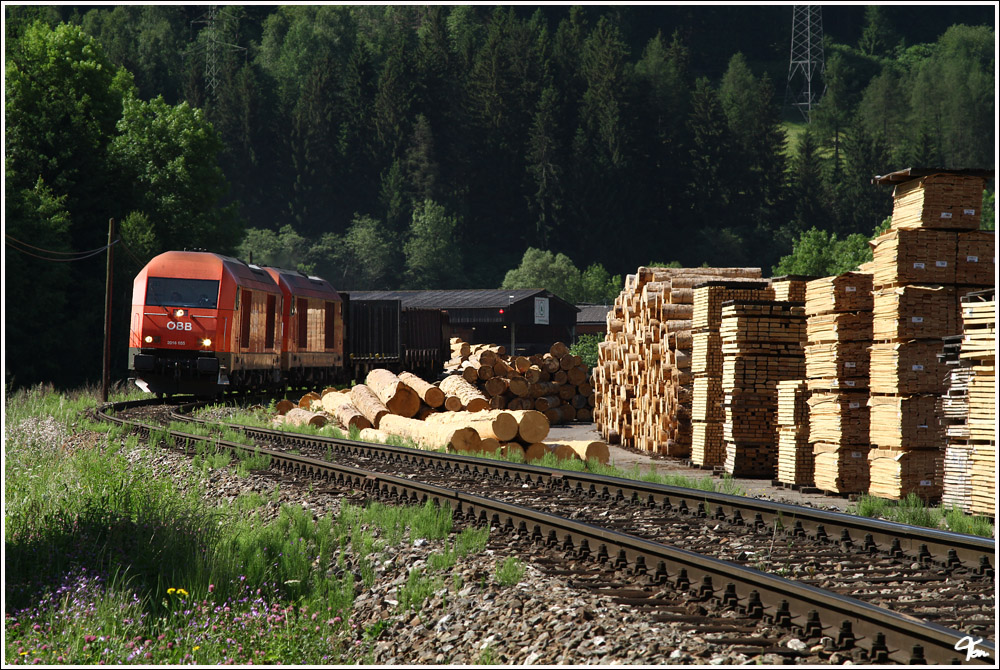 Teleaufnahme vom Herculestandem 2016 055 & 057, welches mit dem Holzzug 55550 von Frantschach nach Zeltweg unterwegs war. 
Eppenstein 30.5.2011