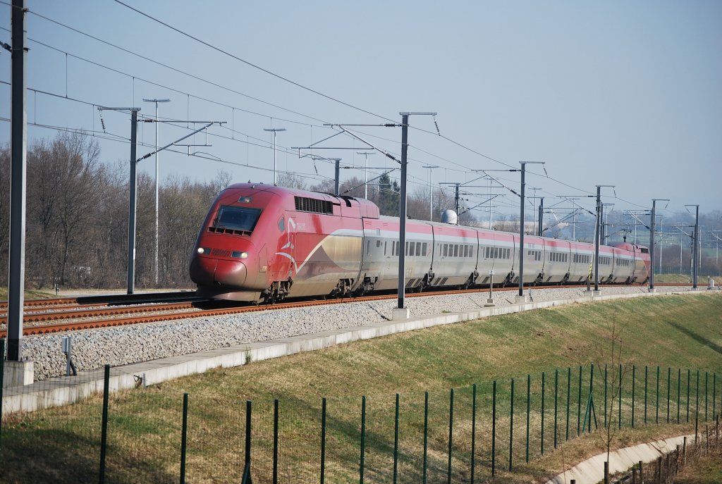 Thalys PBKA Nr.4301 Kln-Paris fhrt durch den Grnhaut (bei Baelen); Bild vom 03.03.2011.