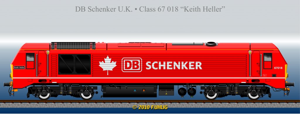 The Skips (3) - Zur Erinnerung an den Kanadier Keith Heller, dem vormaligen EWS-Vorstandschef, trgt die 67018 nach der bernahme durch DB Schenker UK zustzlich dessen Namen und das Ahornblatt neben dem Logo.   