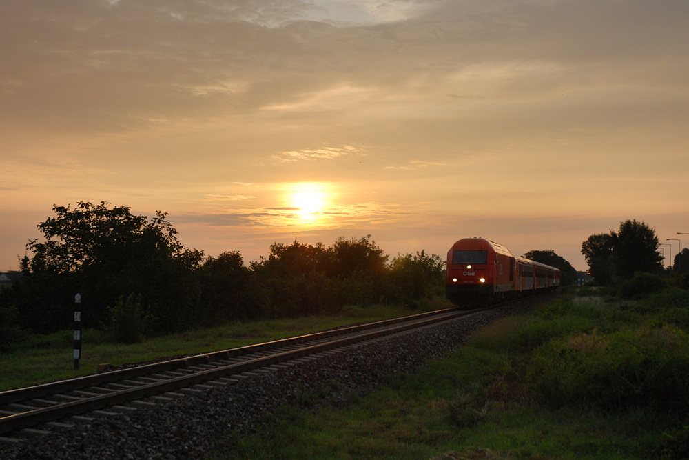 Thementag Gegenlicht: 2016 008 kommt am 12.08.2009 direkt aus der aufgehenden Sonne heraus und durchfhrt in Krze mit R 2505 den Bahnhof Hausfeldstrae.