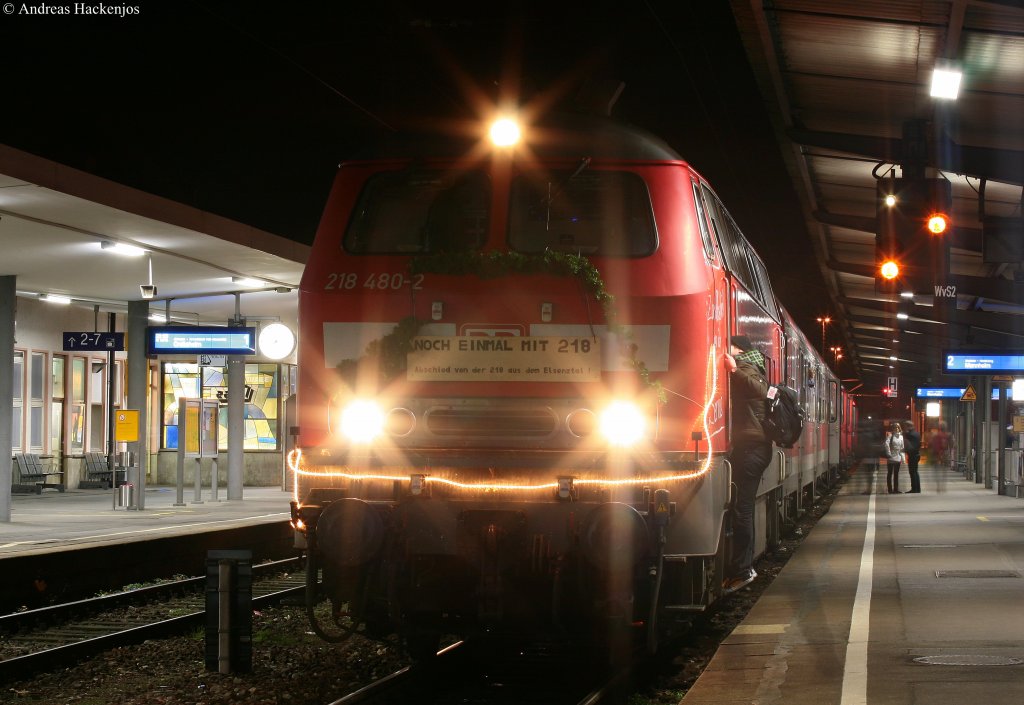 Time too say goodbye: Nun ist es soweit 218 480-2 mit dem RE 4844 (Heilbronn Hbf-Mannheim Hbf). Er ist der letzte planmige Dieselzug im Elsenztal 12.12.09 Heilbronn Hbf