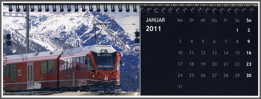Tischkalender mit Motiven  Nach dem grossen Berninajubilum . Januar mit ABe 8/12 Allegra in Alp Grm. (Januar 2011)