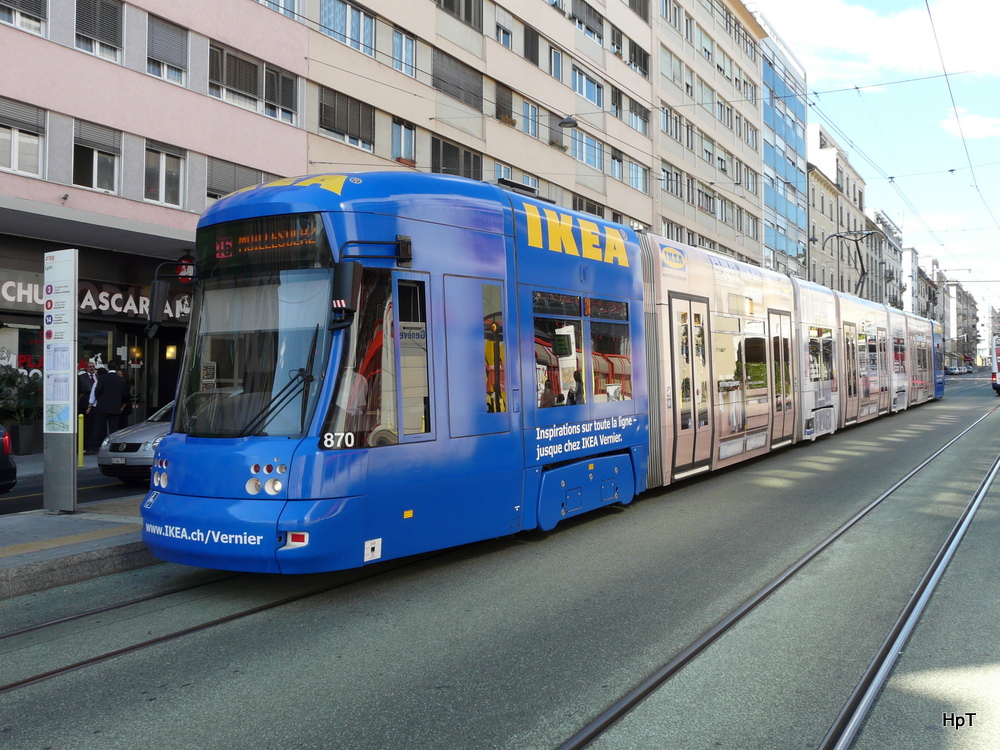 tpg - Tram Be 6/8 870 unterwegs in der Stadt Genf am 03.10.2010

